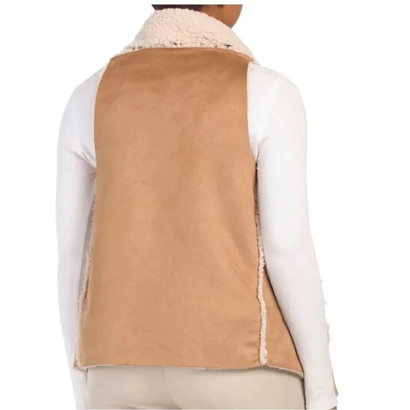 BB Dakota Reversible Vest S Whiskey Brown Faux Suede Sherpa Open Front NWT - Picture 2 of 15